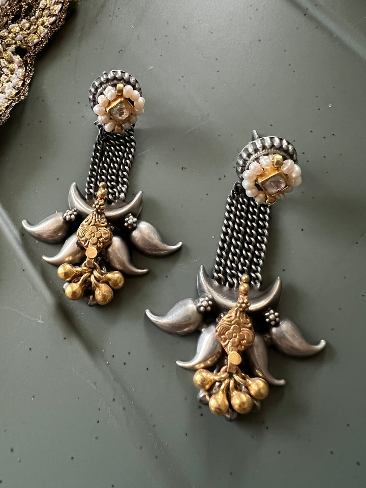 SHIVKA Tribal 925 Silver Fusion Earrings - Kundan Pearl