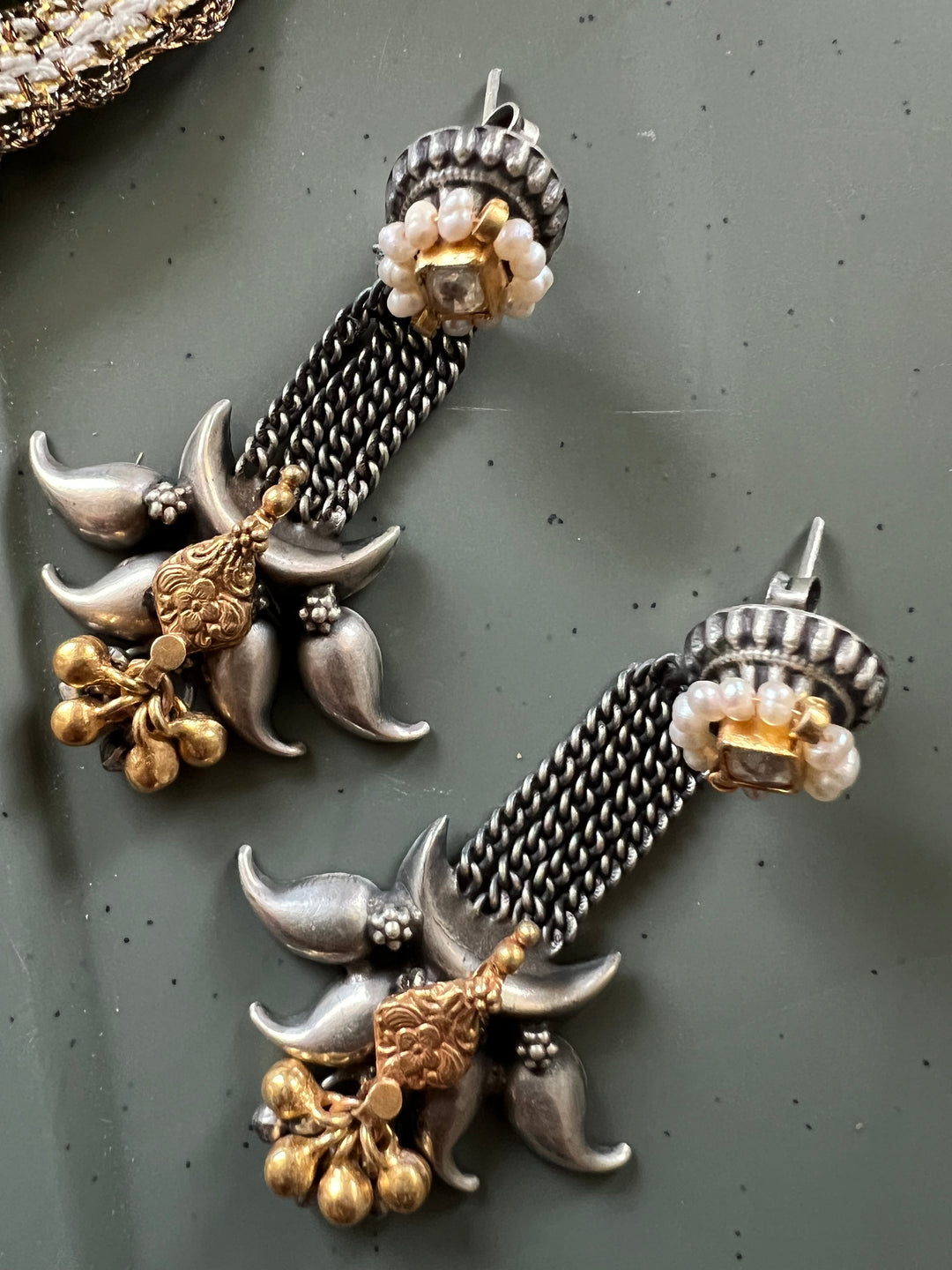 SHIVKA Tribal 925 Silver Fusion Earrings - Kundan Pearl