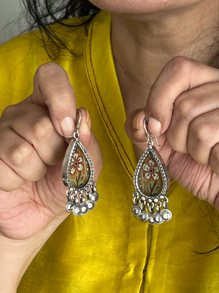 Beautiful Glass and Fabric 925 Silver Earrings