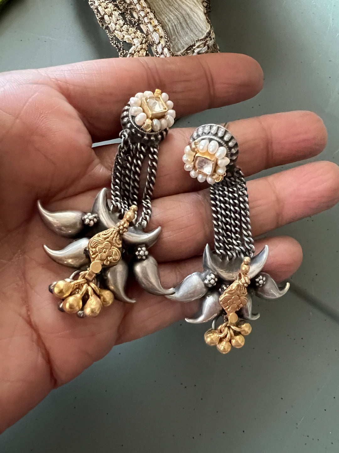 SHIVKA Tribal 925 Silver Fusion Earrings - Kundan Pearl