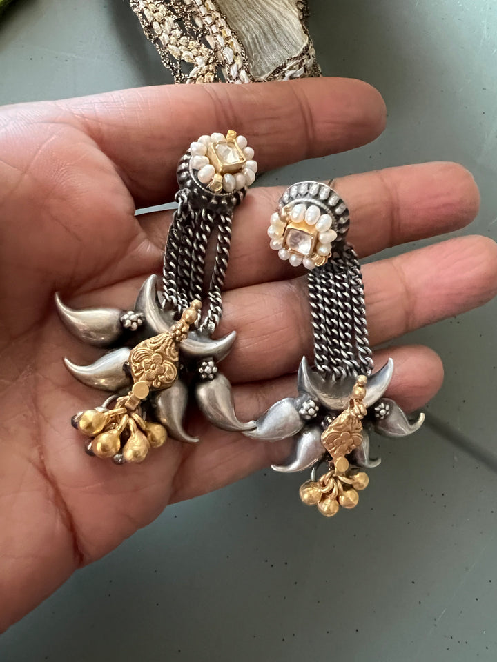 SHIVKA Tribal 925 Silver Fusion Earrings - Kundan Pearl