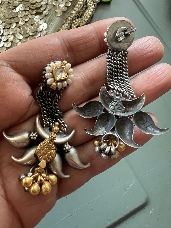 SHIVKA Tribal 925 Silver Fusion Earrings - Kundan Pearl