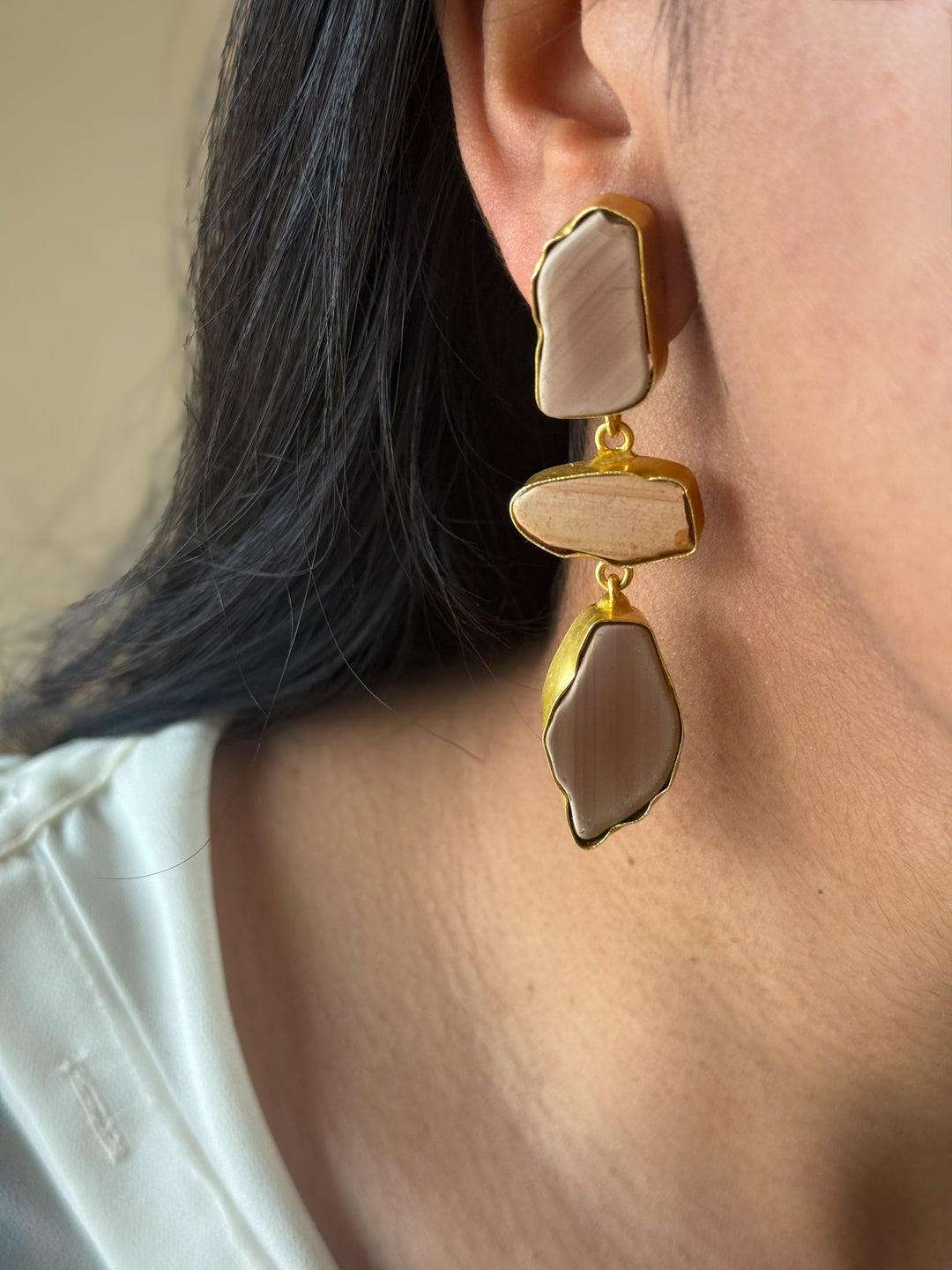 Handmade Raw Stone 3 Tier Earrings | Gold Polish Brass Push Back Statement Earrings