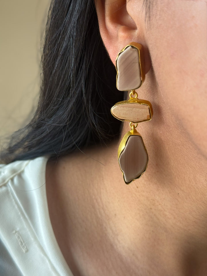 Handmade Raw Stone 3 Tier Earrings | Gold Polish Brass Push Back Statement Earrings