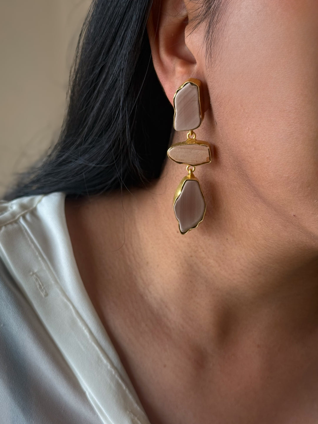 Handmade Raw Stone 3 Tier Earrings | Gold Polish Brass Push Back Statement Earrings