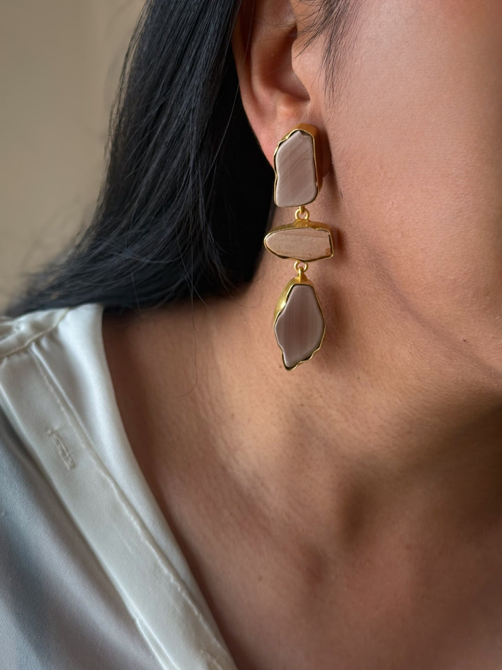 Handmade Raw Stone 3 Tier Earrings | Gold Polish Brass Push Back Statement Earrings