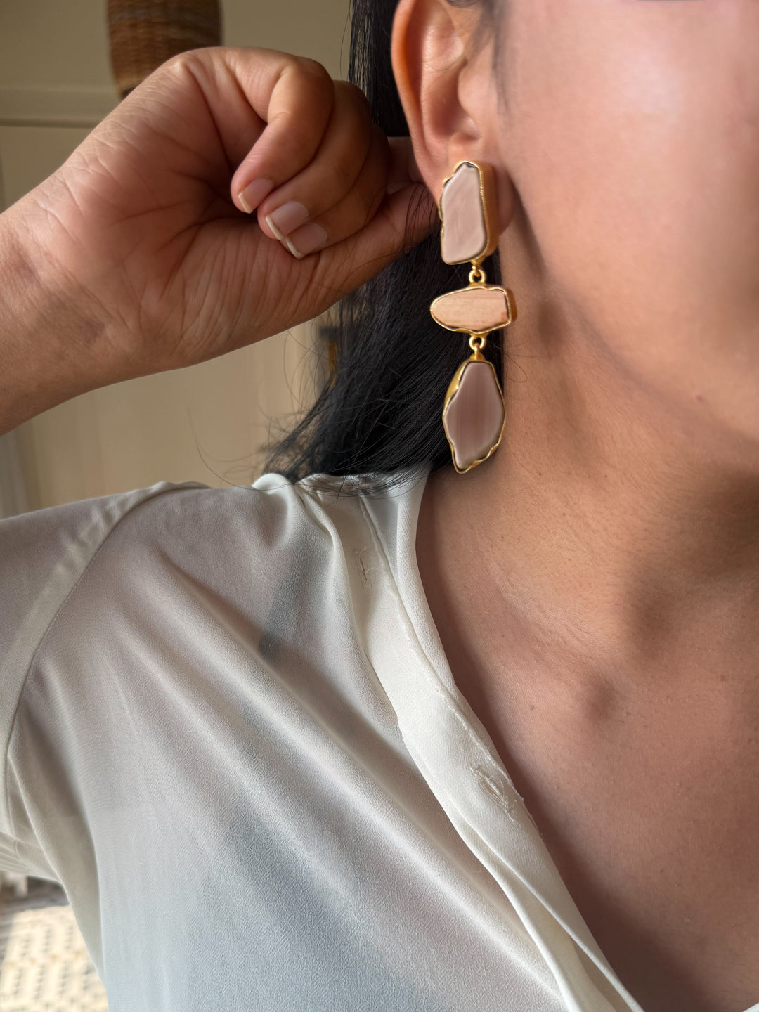 Handmade Raw Stone 3 Tier Earrings | Gold Polish Brass Push Back Statement Earrings
