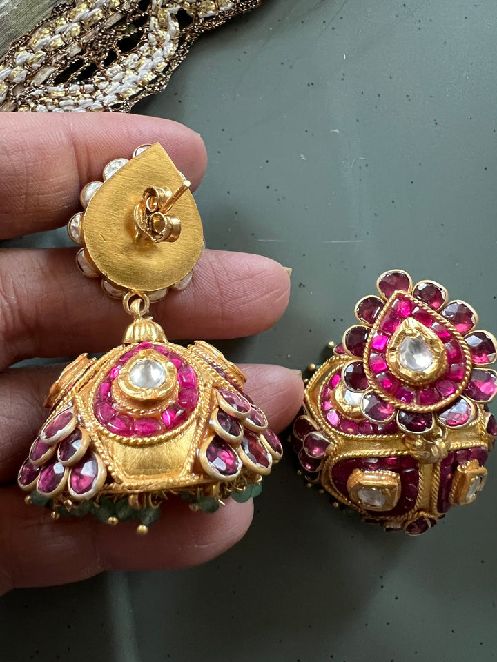 SHIVKA 925 Silver Kundan Jhumka Earrings - Gold Polish