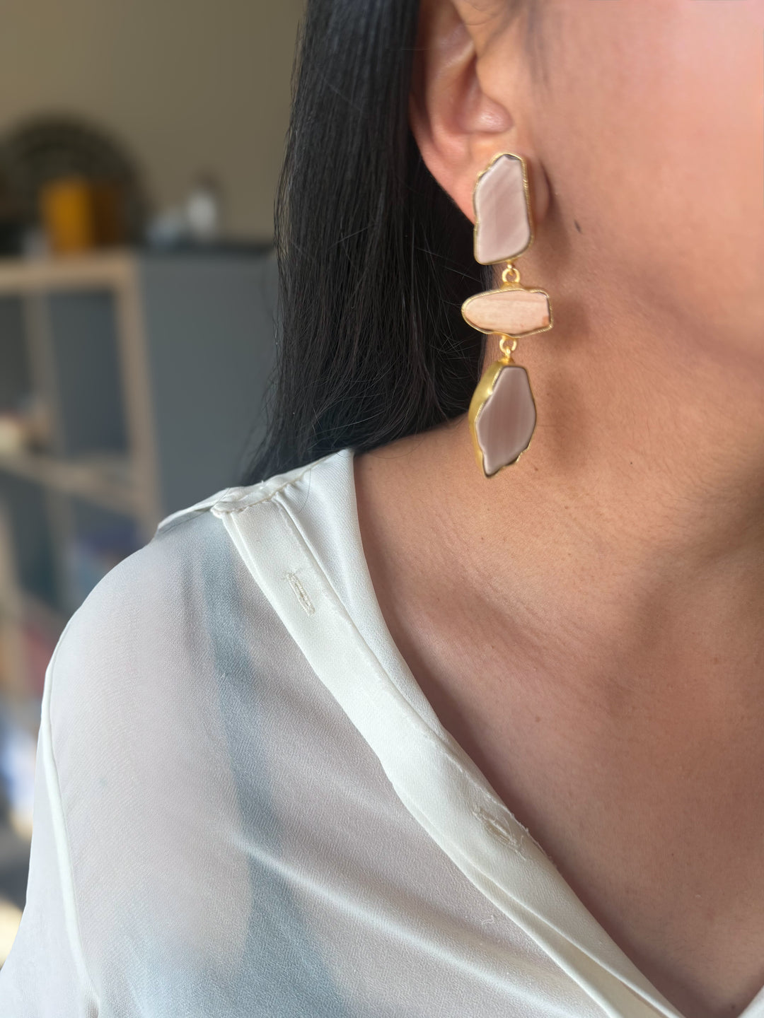 Handmade Raw Stone 3 Tier Earrings | Gold Polish Brass Push Back Statement Earrings