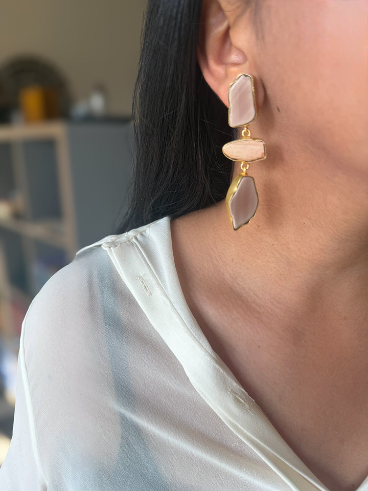 Handmade Raw Stone 3 Tier Earrings | Gold Polish Brass Push Back Statement Earrings