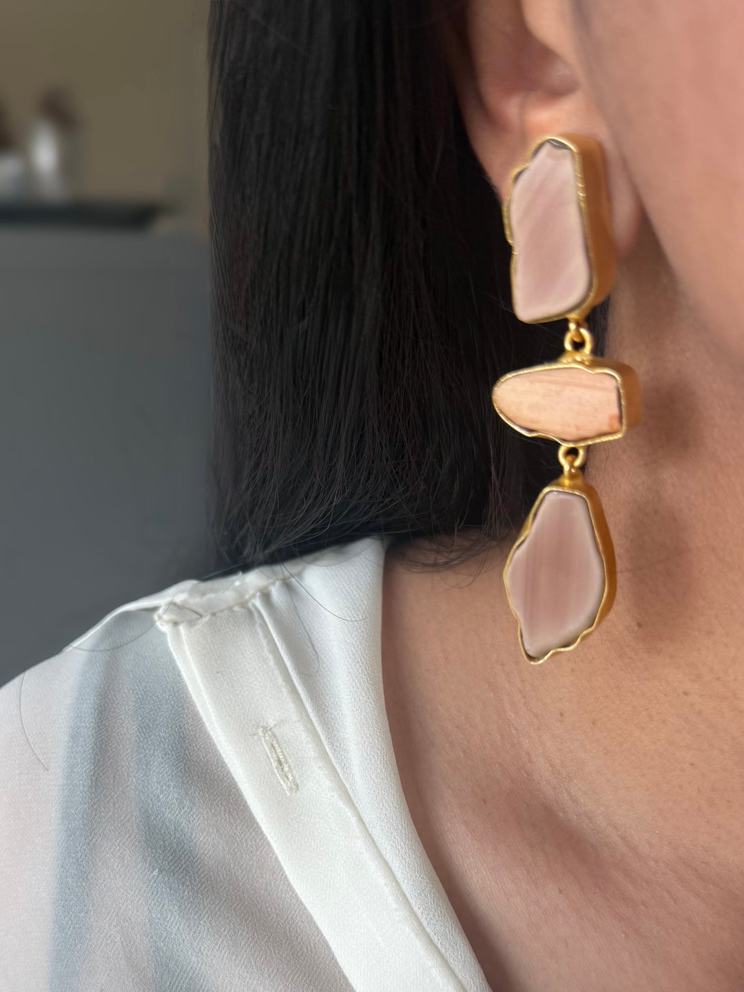 Handmade Raw Stone 3 Tier Earrings | Gold Polish Brass Push Back Statement Earrings
