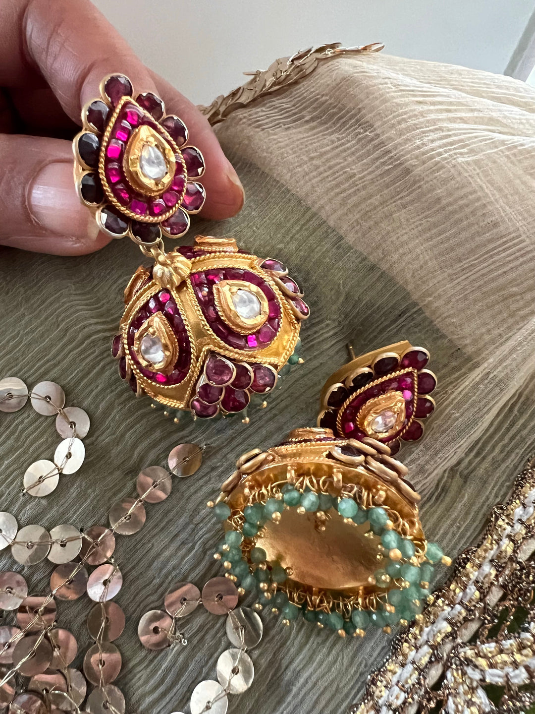 SHIVKA 925 Silver Kundan Jhumka Earrings - Gold Polish