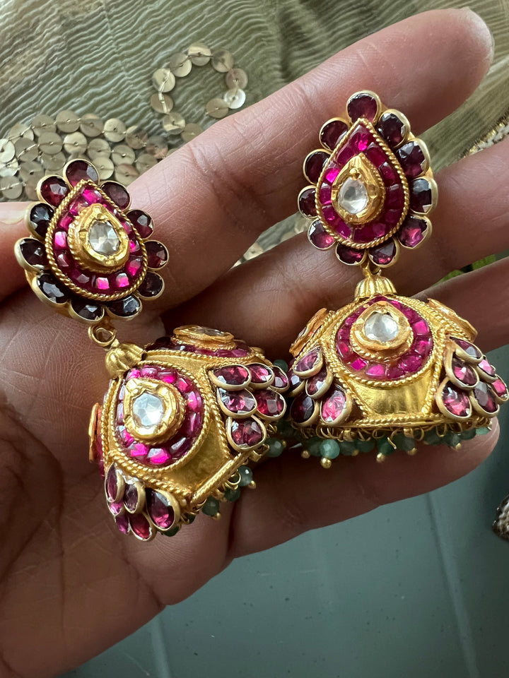 SHIVKA 925 Silver Kundan Jhumka Earrings - Gold Polish