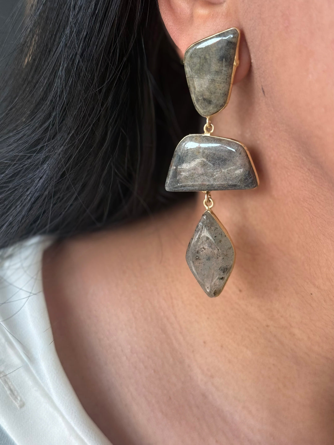 Handmade Raw Stone 3 Tier Earrings | Gold Polish Brass Push Back Statement Earrings