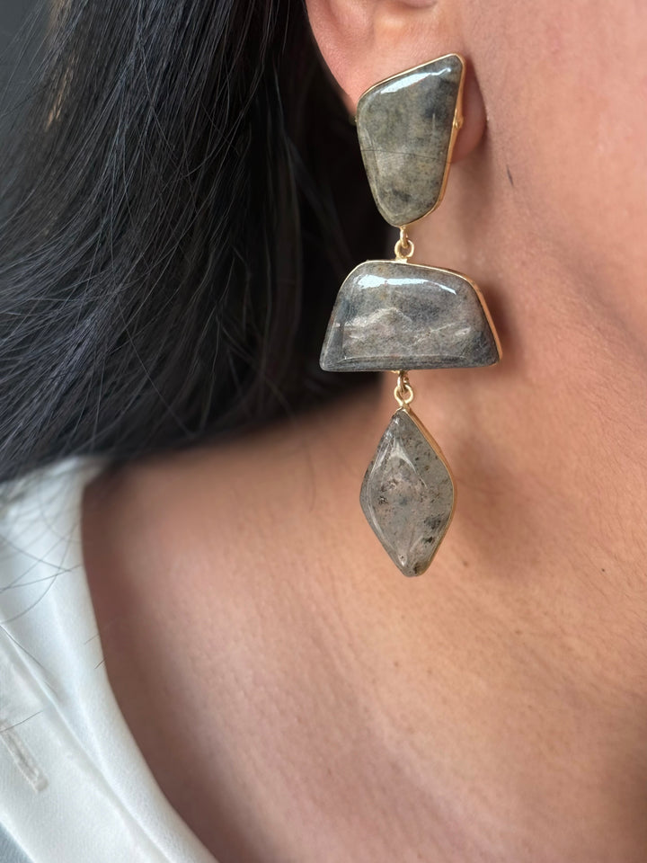 Handmade Raw Stone 3 Tier Earrings | Gold Polish Brass Push Back Statement Earrings