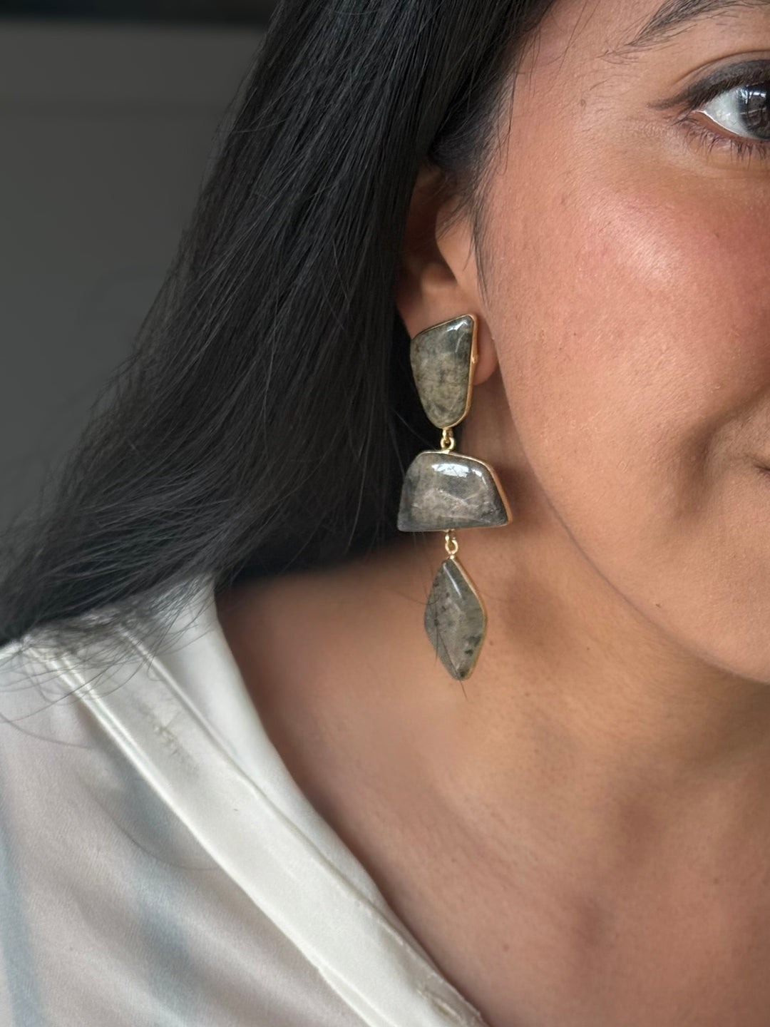 Handmade Raw Stone 3 Tier Earrings | Gold Polish Brass Push Back Statement Earrings