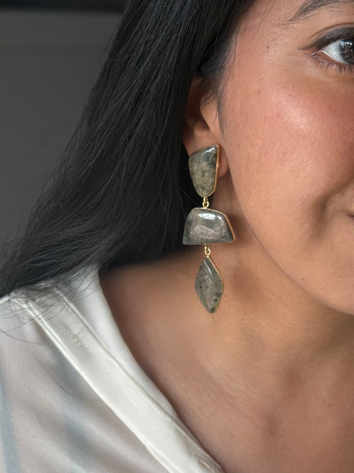 Handmade Raw Stone 3 Tier Earrings | Gold Polish Brass Push Back Statement Earrings