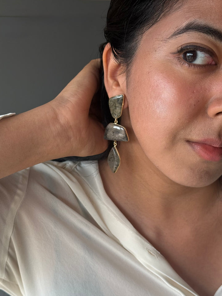Handmade Raw Stone 3 Tier Earrings | Gold Polish Brass Push Back Statement Earrings