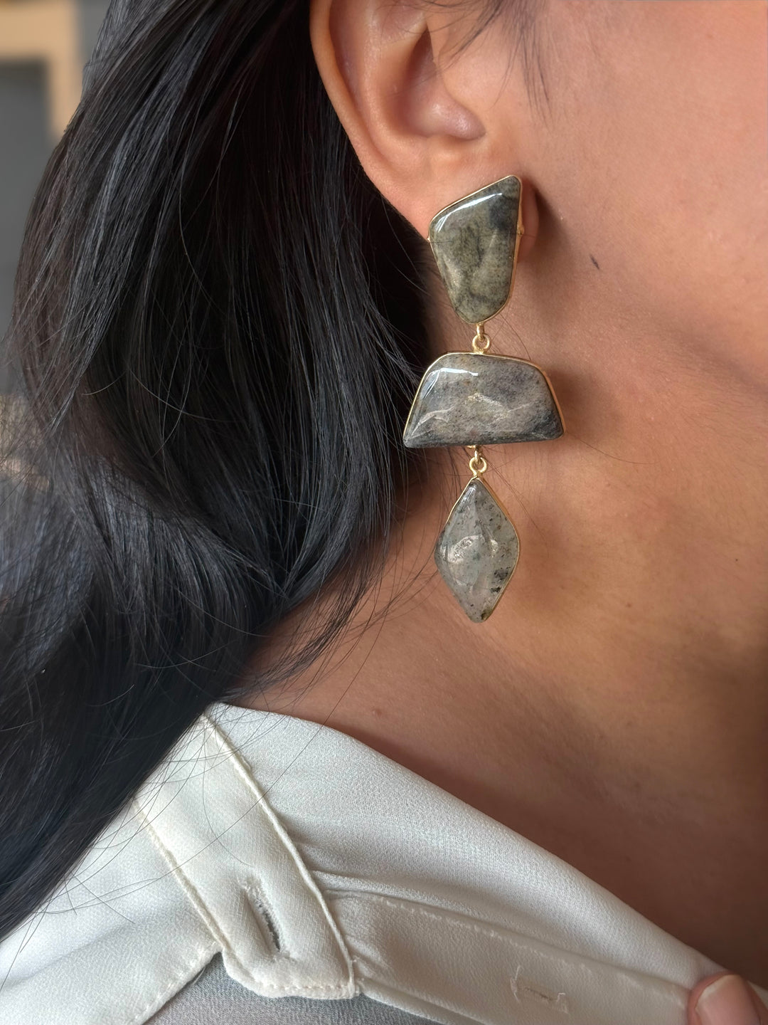 Handmade Raw Stone 3 Tier Earrings | Gold Polish Brass Push Back Statement Earrings