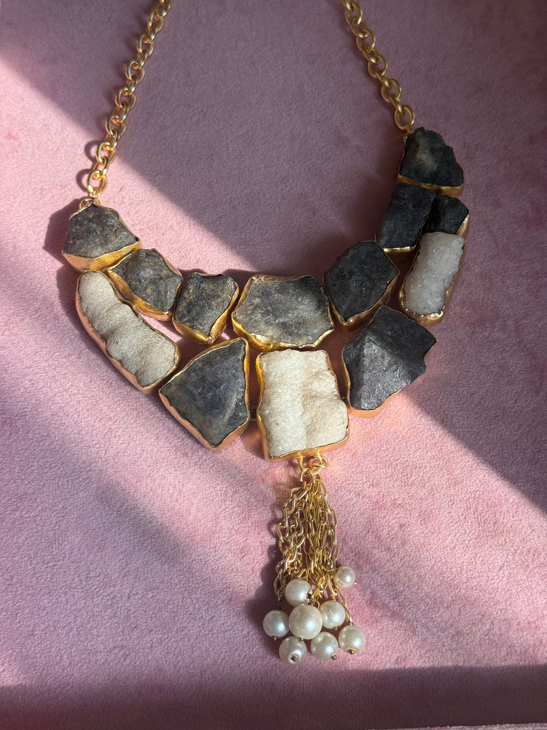 Handmade Raw Quartz & Pearl Necklace | Gold Polish Brass Adjustable Statement Jewelry