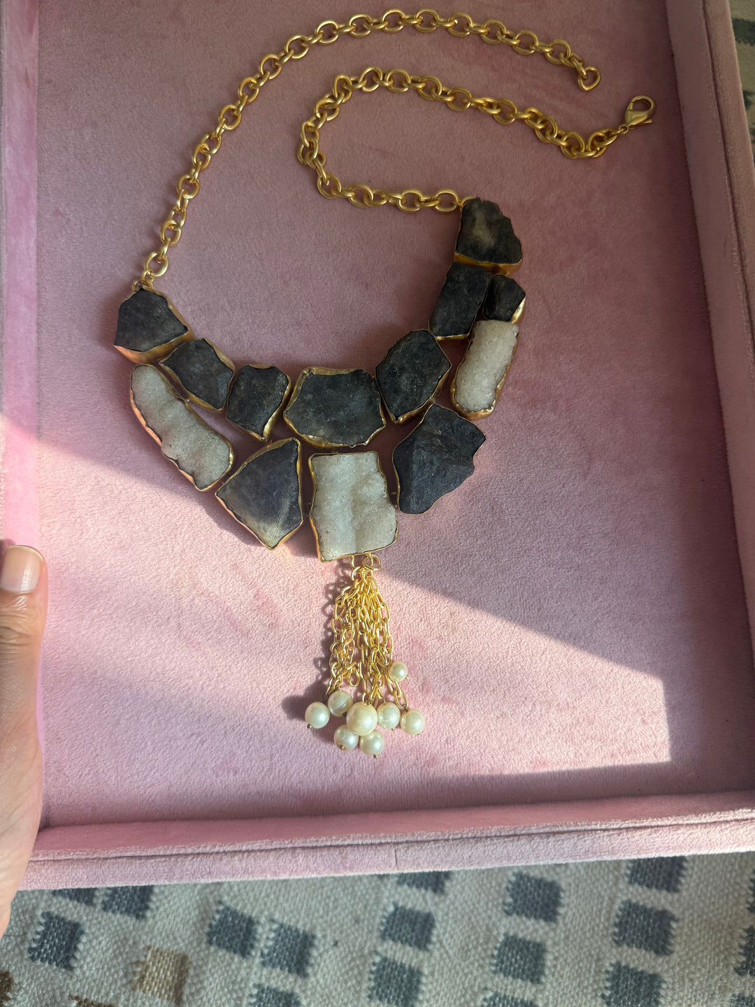 Handmade Raw Quartz & Pearl Necklace | Gold Polish Brass Adjustable Statement Jewelry
