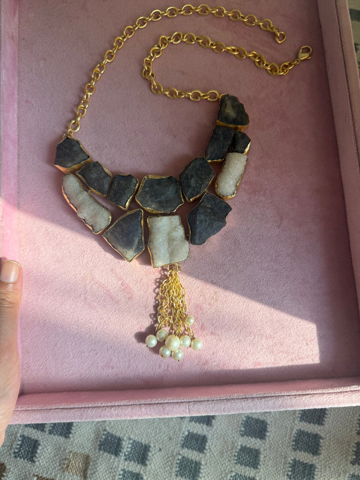 Handmade Raw Quartz & Pearl Necklace | Gold Polish Brass Adjustable Statement Jewelry