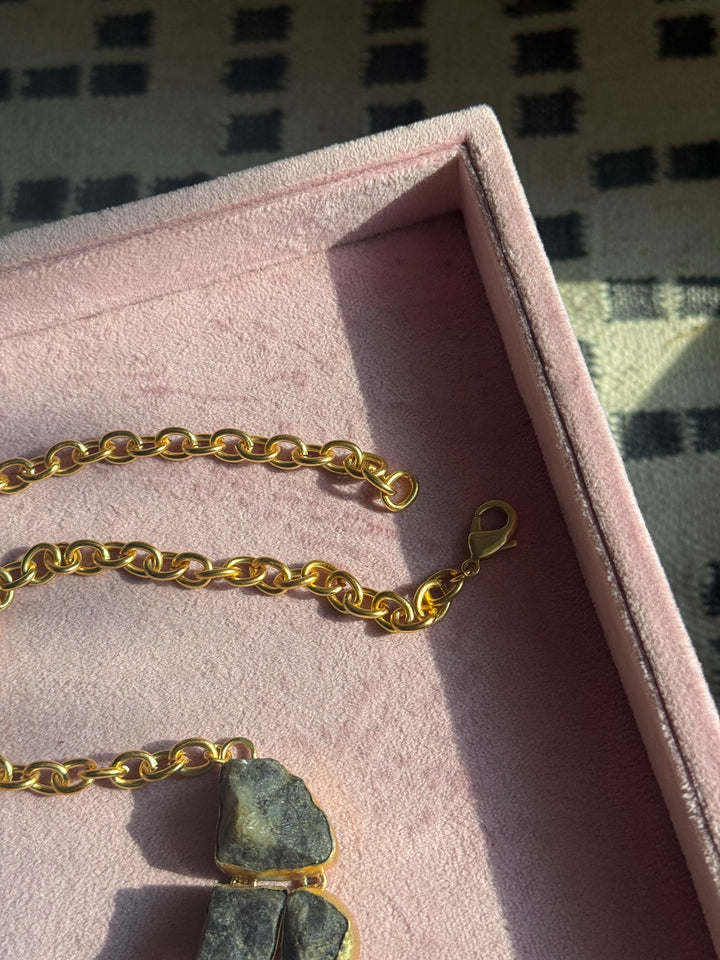 Handmade Raw Quartz & Pearl Necklace | Gold Polish Brass Adjustable Statement Jewelry