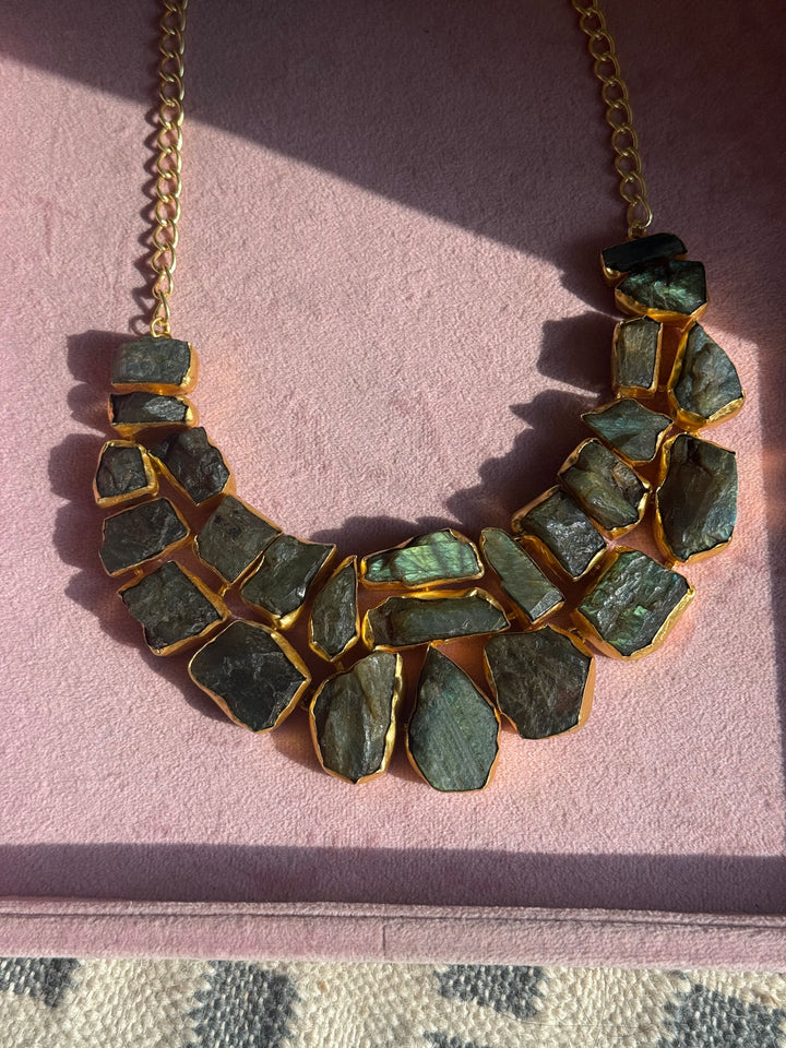 Handmade Raw Stone Labradorite Necklace | Gold Polish Brass Adjustable Statement Jewelry