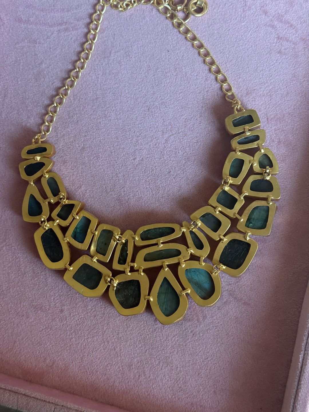 Handmade Raw Stone Labradorite Necklace | Gold Polish Brass Adjustable Statement Jewelry