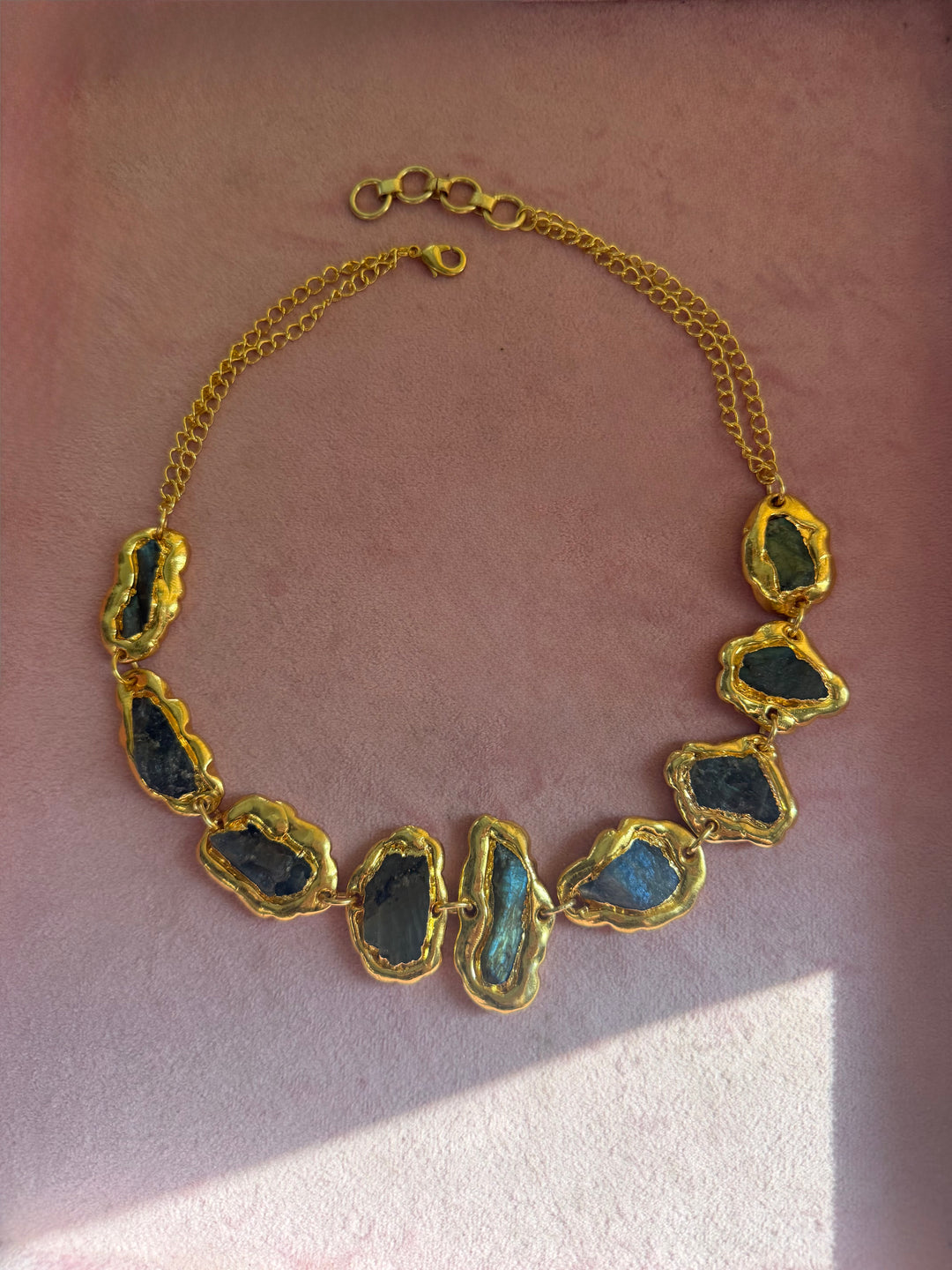 Handmade Raw Stone Gold Embedded Necklace | Adjustable Lobster Claw Brass Statement Jewelry