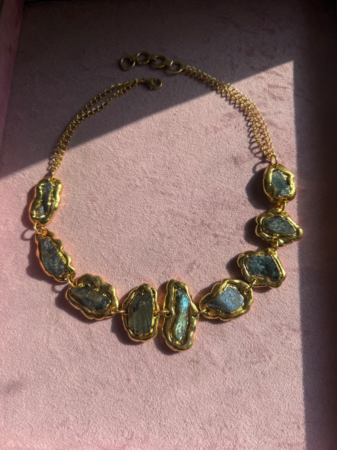 Handmade Raw Stone Gold Embedded Necklace | Adjustable Lobster Claw Brass Statement Jewelry