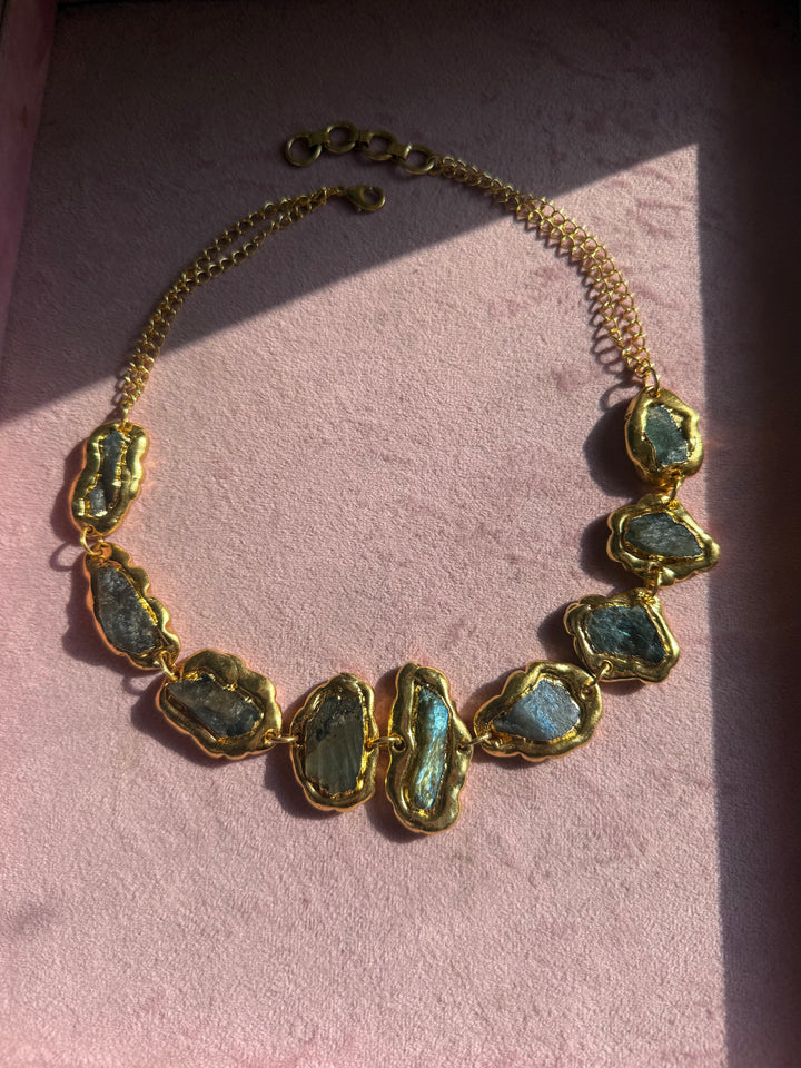 Handmade Raw Stone Gold Embedded Necklace | Adjustable Lobster Claw Brass Statement Jewelry