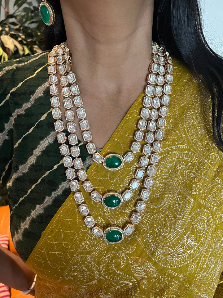 Three-Layered Kundan Necklace with Earrings