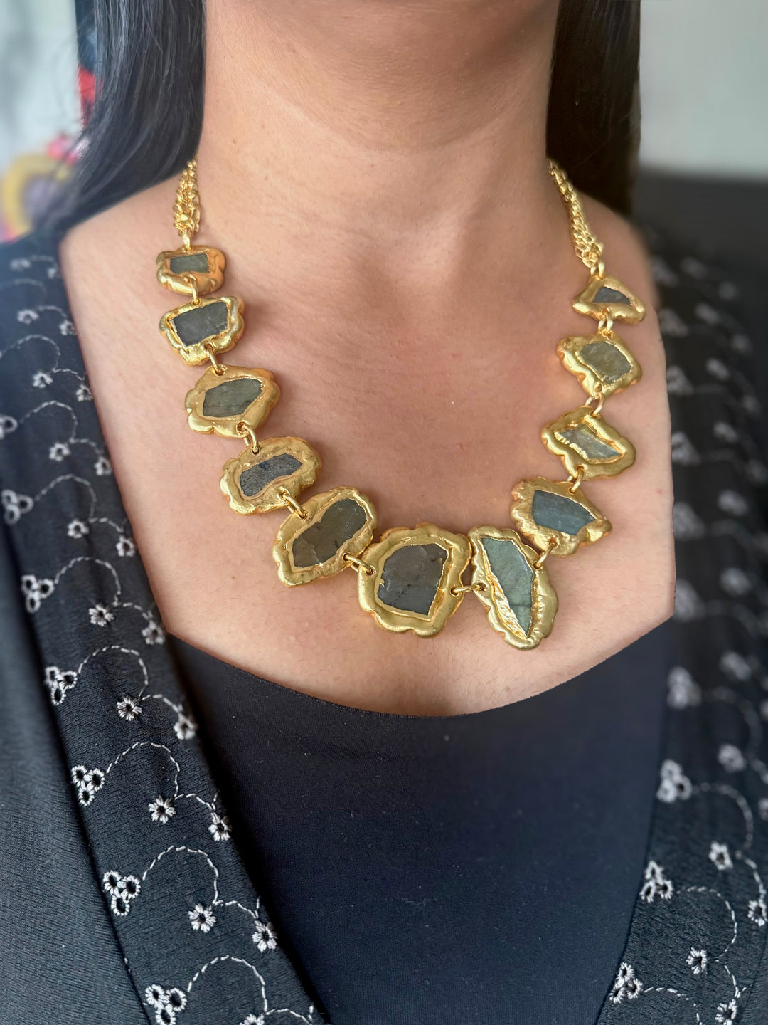 Handmade Raw Labradorite Gold Embedded Necklace | Adjustable Lobster Claw Brass Statement Jewelry