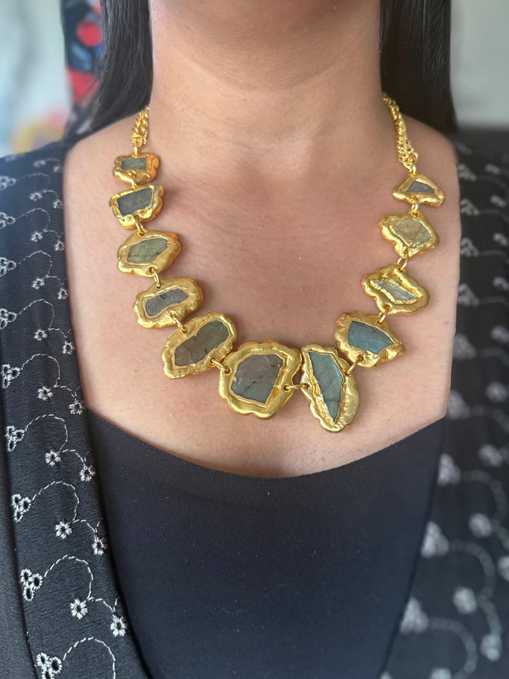 Handmade Raw Labradorite Gold Embedded Necklace | Adjustable Lobster Claw Brass Statement Jewelry