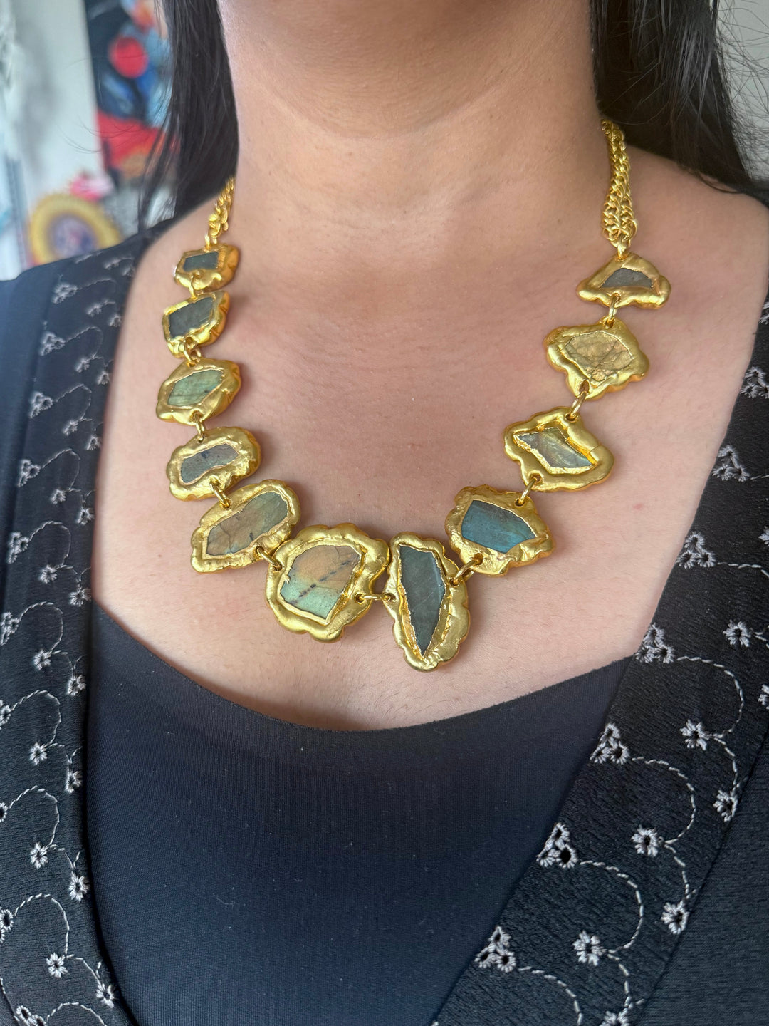 Handmade Raw Labradorite Gold Embedded Necklace | Adjustable Lobster Claw Brass Statement Jewelry