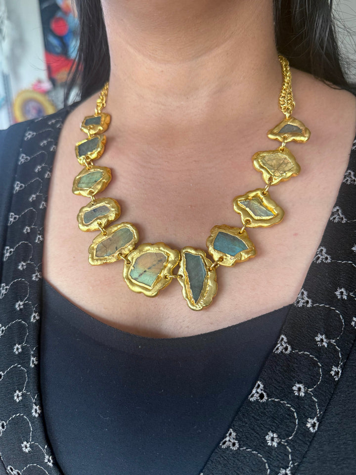 Handmade Raw Labradorite Gold Embedded Necklace | Adjustable Lobster Claw Brass Statement Jewelry