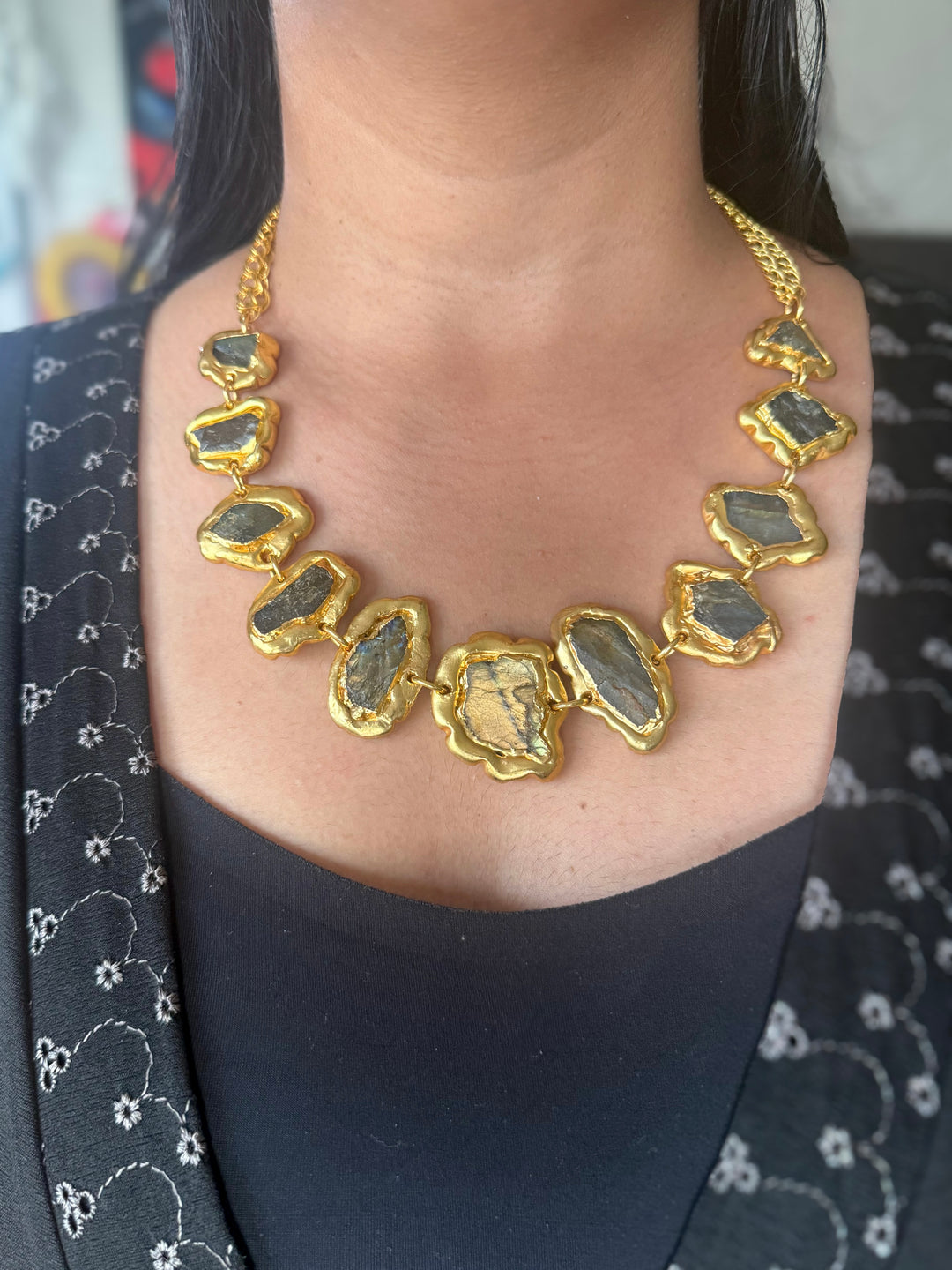Handmade Raw Labradorite Gold Embedded Necklace | Adjustable Lobster Claw Brass Statement Jewelry