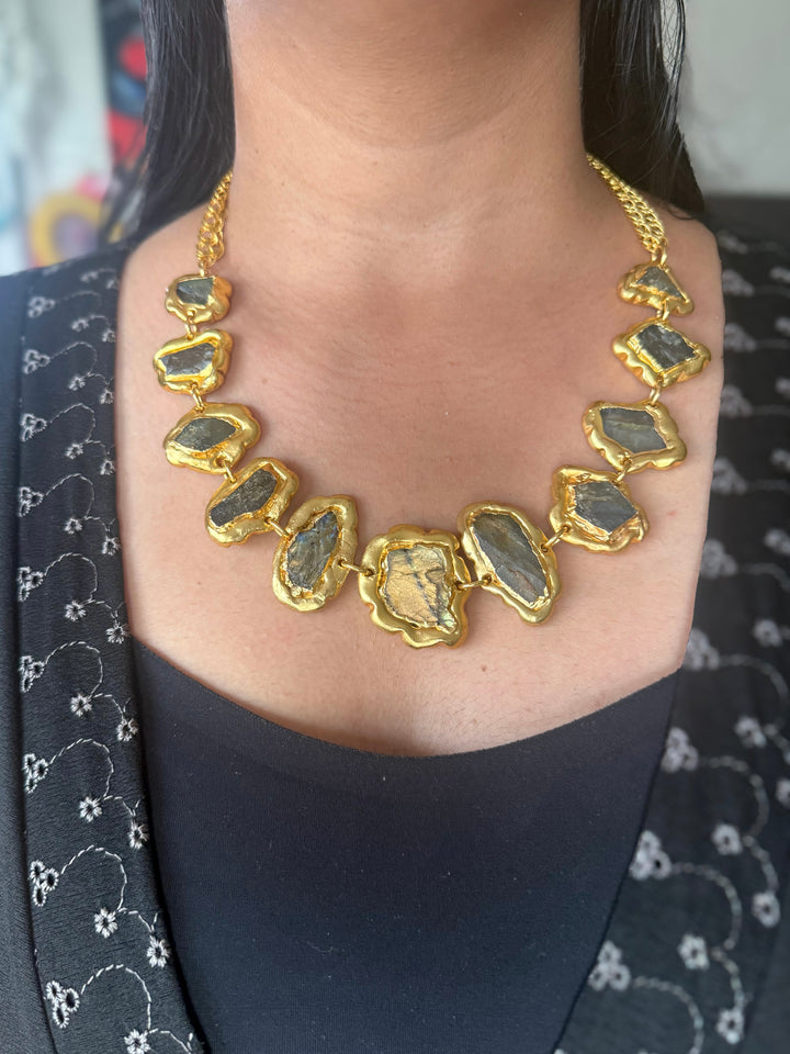 Handmade Raw Labradorite Gold Embedded Necklace | Adjustable Lobster Claw Brass Statement Jewelry