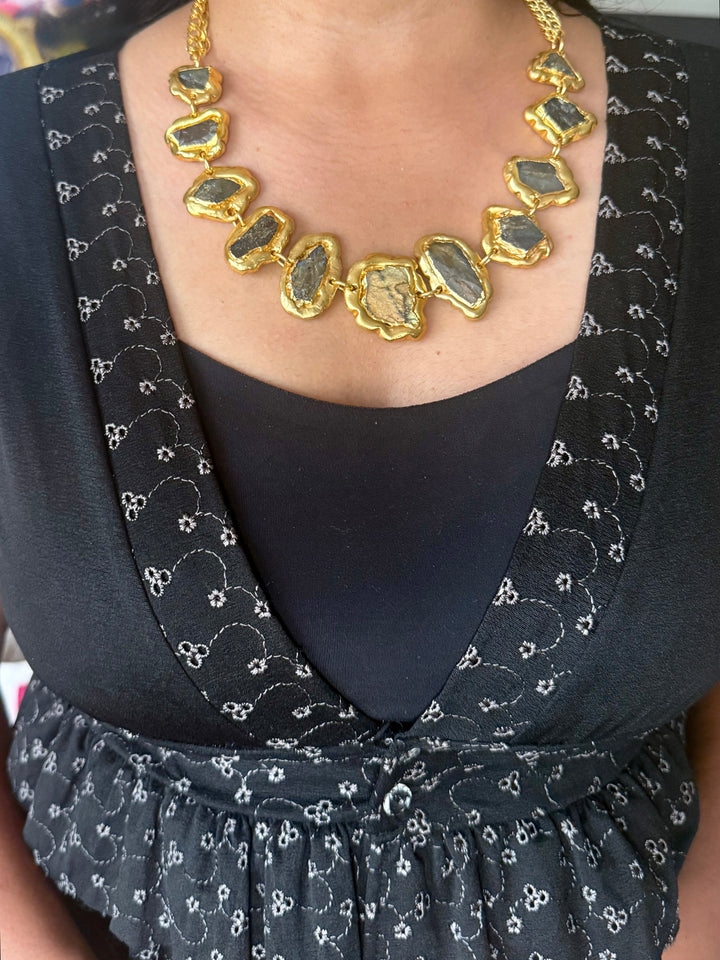 Handmade Raw Labradorite Gold Embedded Necklace | Adjustable Lobster Claw Brass Statement Jewelry