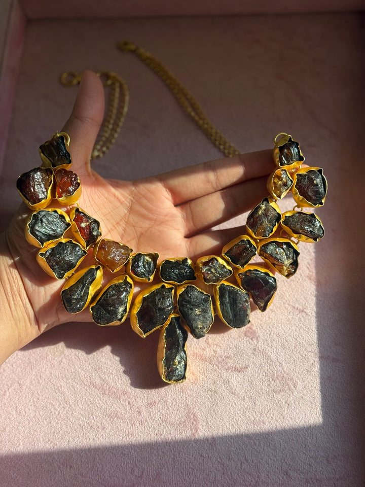 Handmade Raw Stone Sugar Druzy Necklace | Gold Polish Brass Adjustable Statement Jewelry
