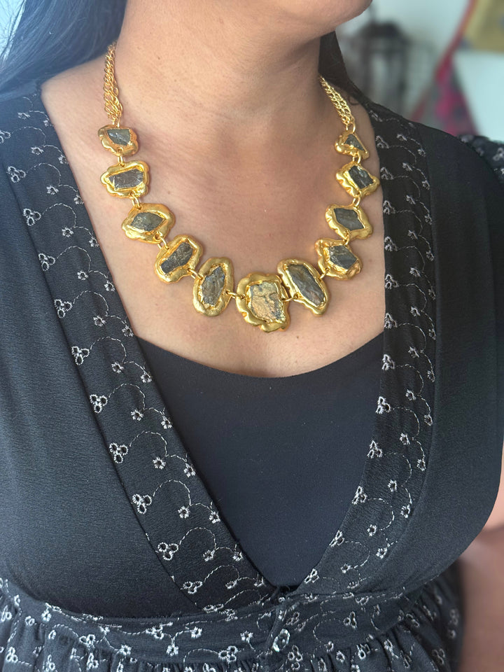 Handmade Raw Labradorite Gold Embedded Necklace | Adjustable Lobster Claw Brass Statement Jewelry