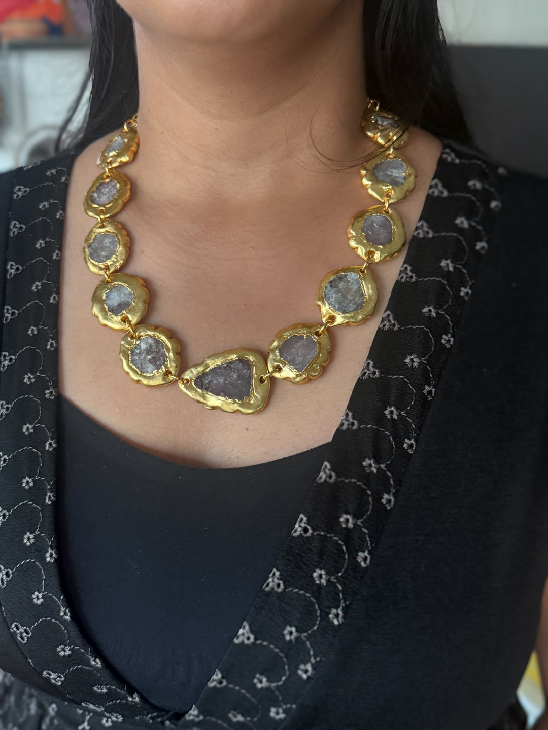 Handmade Raw Quartz Gold Embedded Necklace | Adjustable Lobster Claw Brass Statement Jewelry