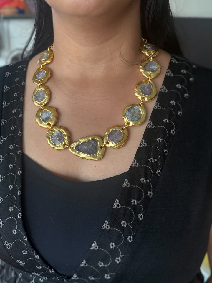 Handmade Raw Quartz Gold Embedded Necklace | Adjustable Lobster Claw Brass Statement Jewelry