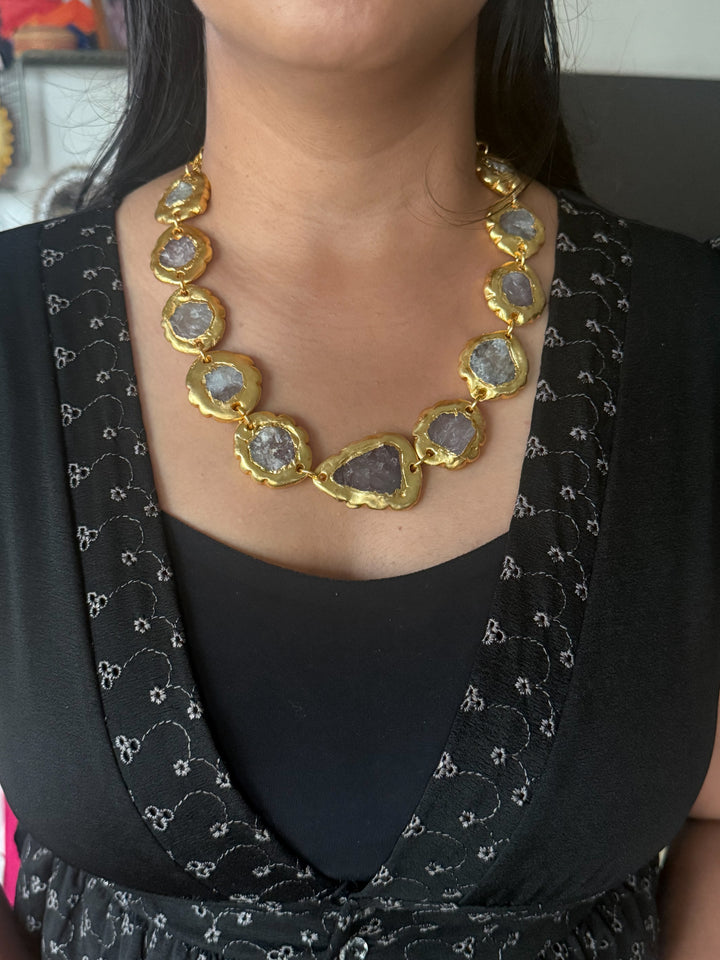 Handmade Raw Quartz Gold Embedded Necklace | Adjustable Lobster Claw Brass Statement Jewelry