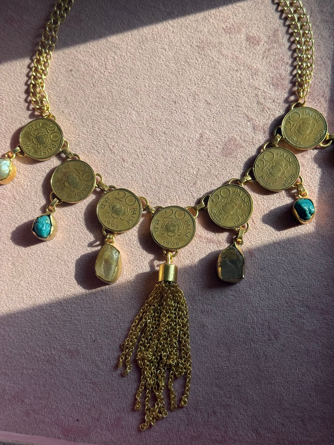 Handmade Raw Stone Coin Necklace | Gold Polish Brass Adjustable Statement Jewelry