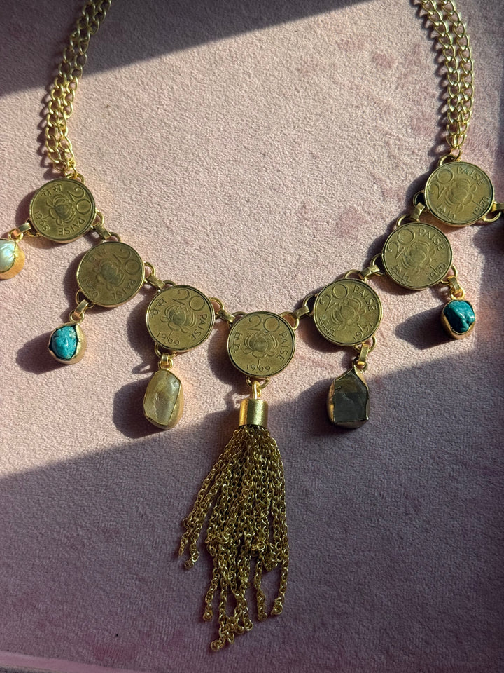 Handmade Raw Stone Coin Necklace | Gold Polish Brass Adjustable Statement Jewelry