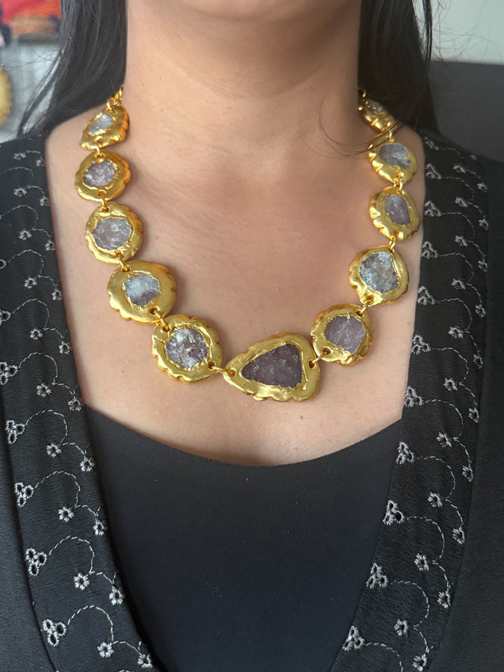 Handmade Raw Quartz Gold Embedded Necklace | Adjustable Lobster Claw Brass Statement Jewelry