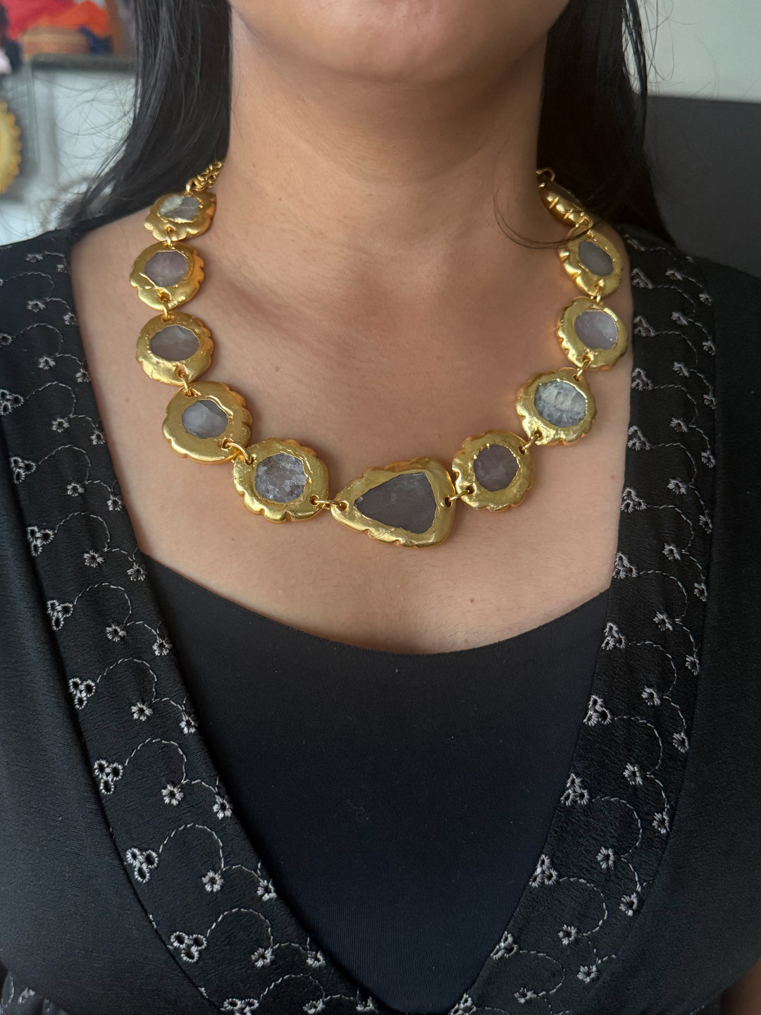 Handmade Raw Quartz Gold Embedded Necklace | Adjustable Lobster Claw Brass Statement Jewelry