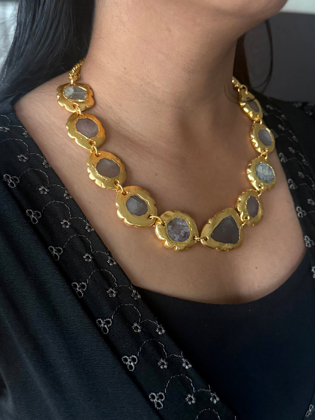 Handmade Raw Quartz Gold Embedded Necklace | Adjustable Lobster Claw Brass Statement Jewelry
